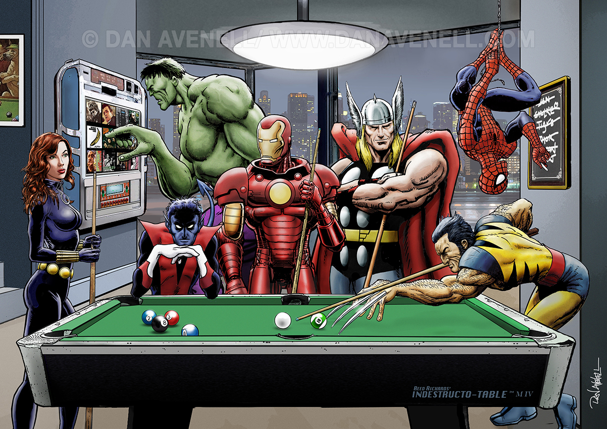 Marvel Superheroes Relax Playing Pool